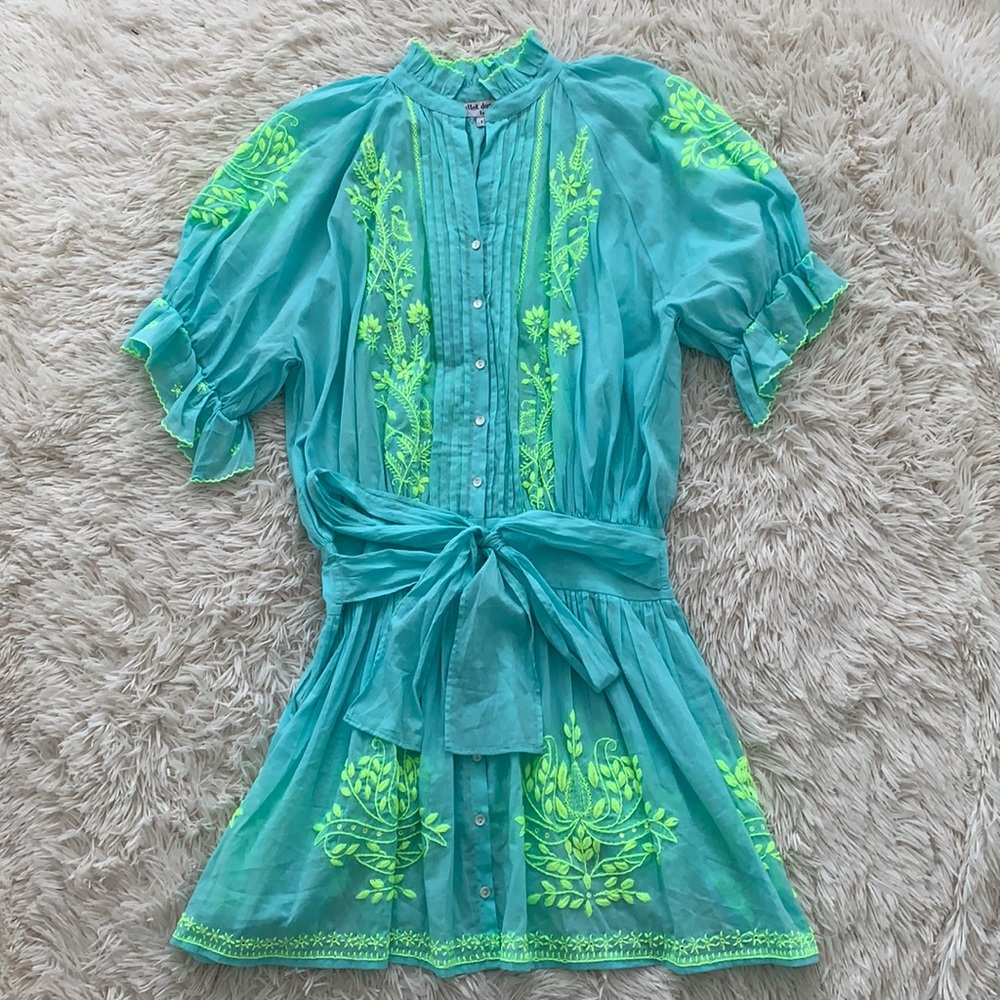 Juliet Dunn Turquoise and Lime Embroidered Mini Dress